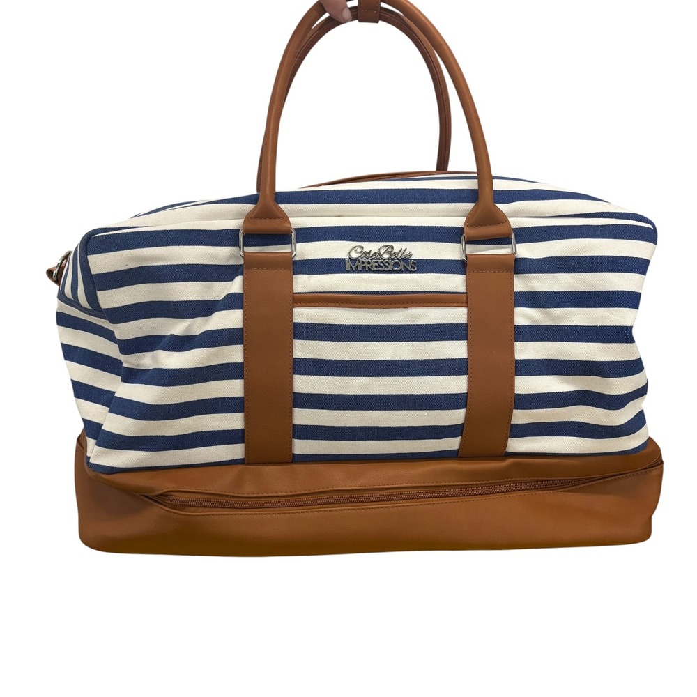 Cose Belle Impressions Striped Weekender Bag Blue White Canvas Shoe Compartment